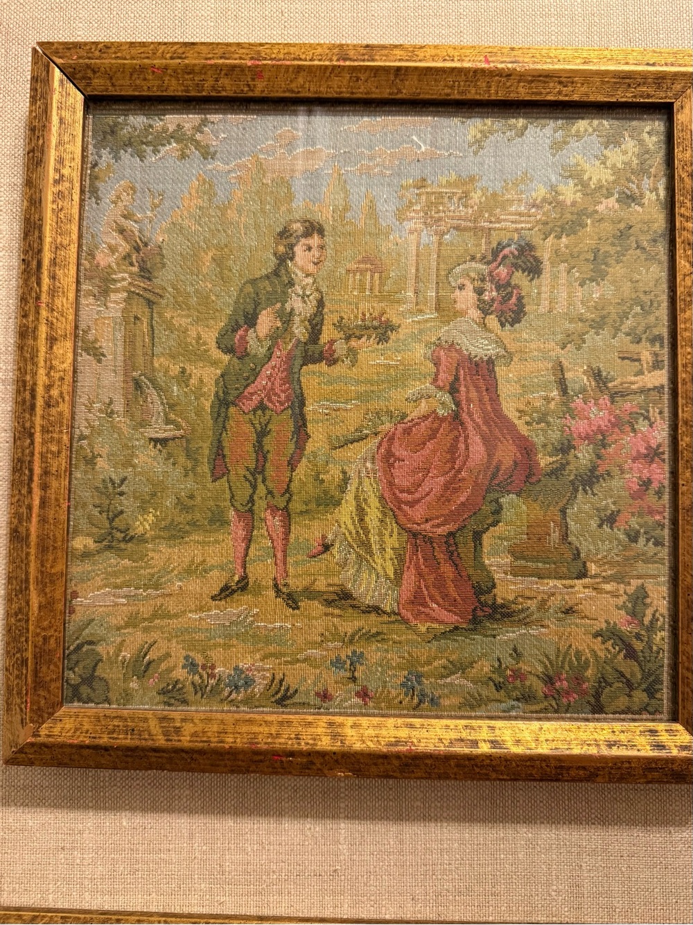 Vintage Tapestry Wall Art in Gold Frame - Romantic Garden Scene, Pink & Green